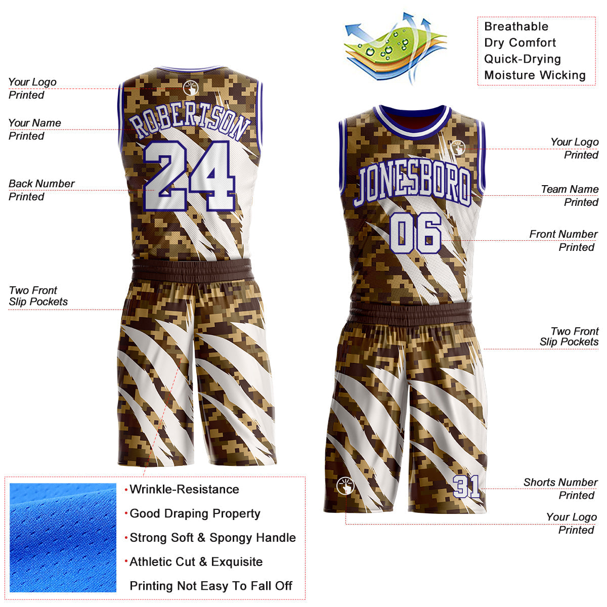 Custom Camo White-Dark Purple Desert Camouflage Claw Round Neck Sublimation Salute To Service Basketball Uniform Jersey