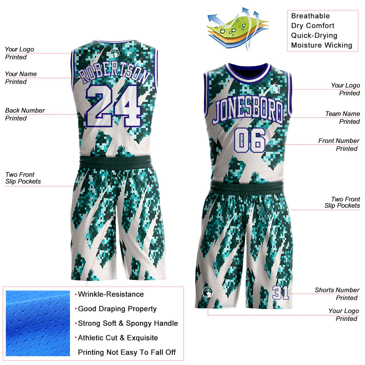 Custom Camo White-Dark Purple Digital Camouflage Claw Round Neck Sublimation Salute To Service Basketball Uniform Jersey
