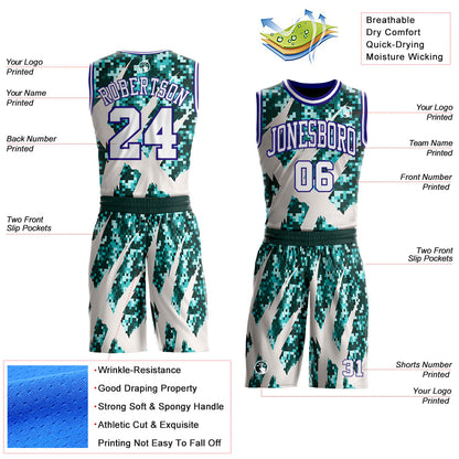 Custom Camo White-Dark Purple Digital Camouflage Claw Round Neck Sublimation Salute To Service Basketball Uniform Jersey