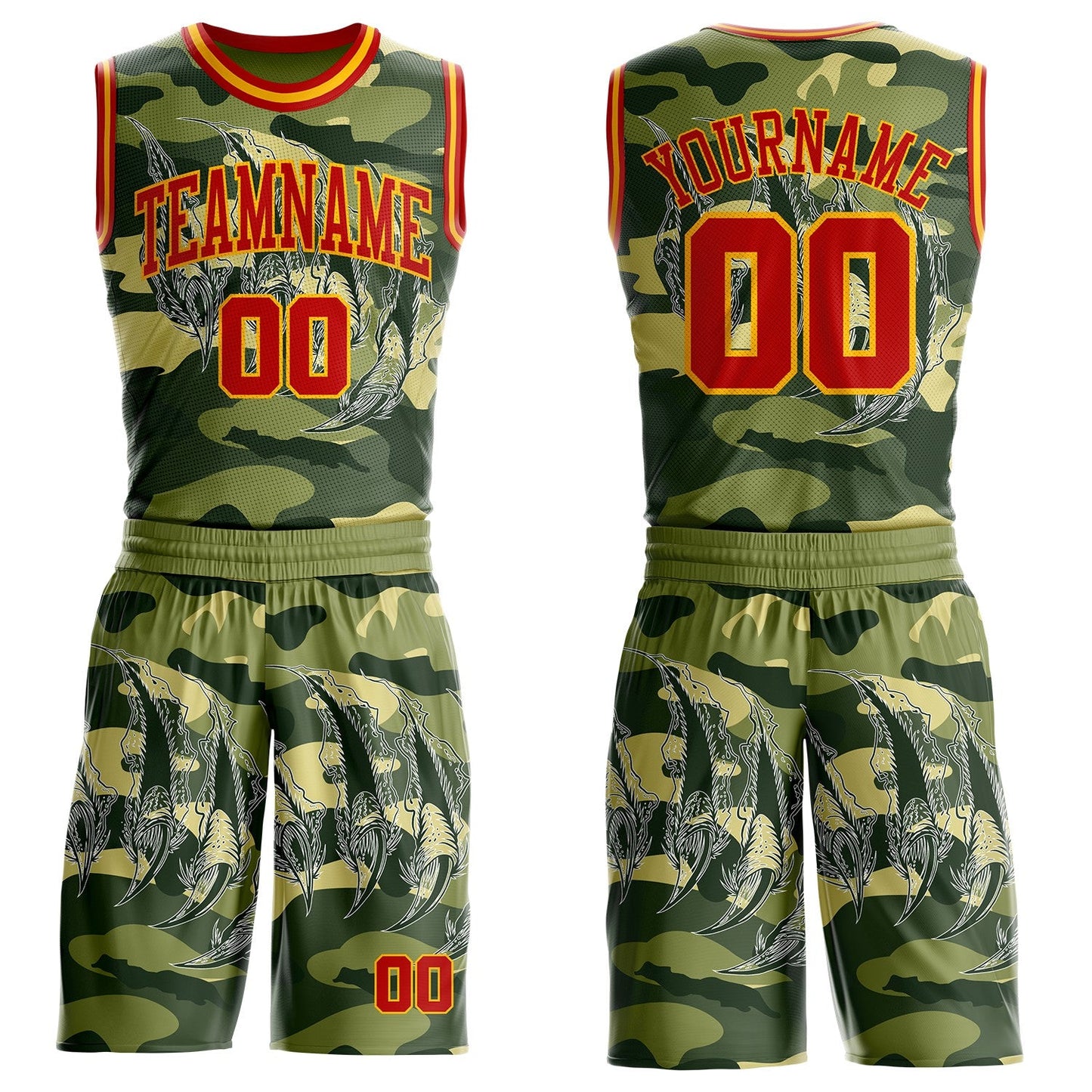 Custom Camo Red-Gold Digital Camouflage Monster Claw Round Neck Sublimation Salute To Service Basketball Uniform Jersey