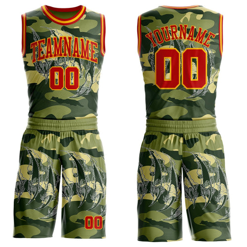 Custom Camo Red-Gold Digital Camouflage Monster Claw Round Neck Sublimation Salute To Service Basketball Uniform Jersey