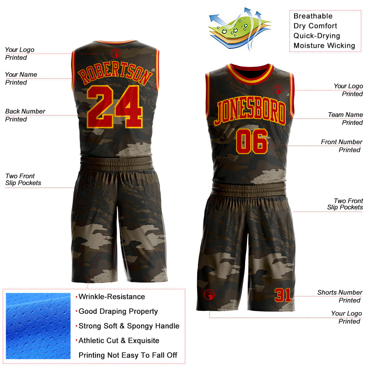 Custom Camo Red-Gold Woodland Camouflage Military Round Neck Sublimation Salute To Service Basketball Uniform Jersey