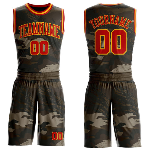 Custom Camo Red-Gold Woodland Camouflage Military Round Neck Sublimation Salute To Service Basketball Uniform Jersey
