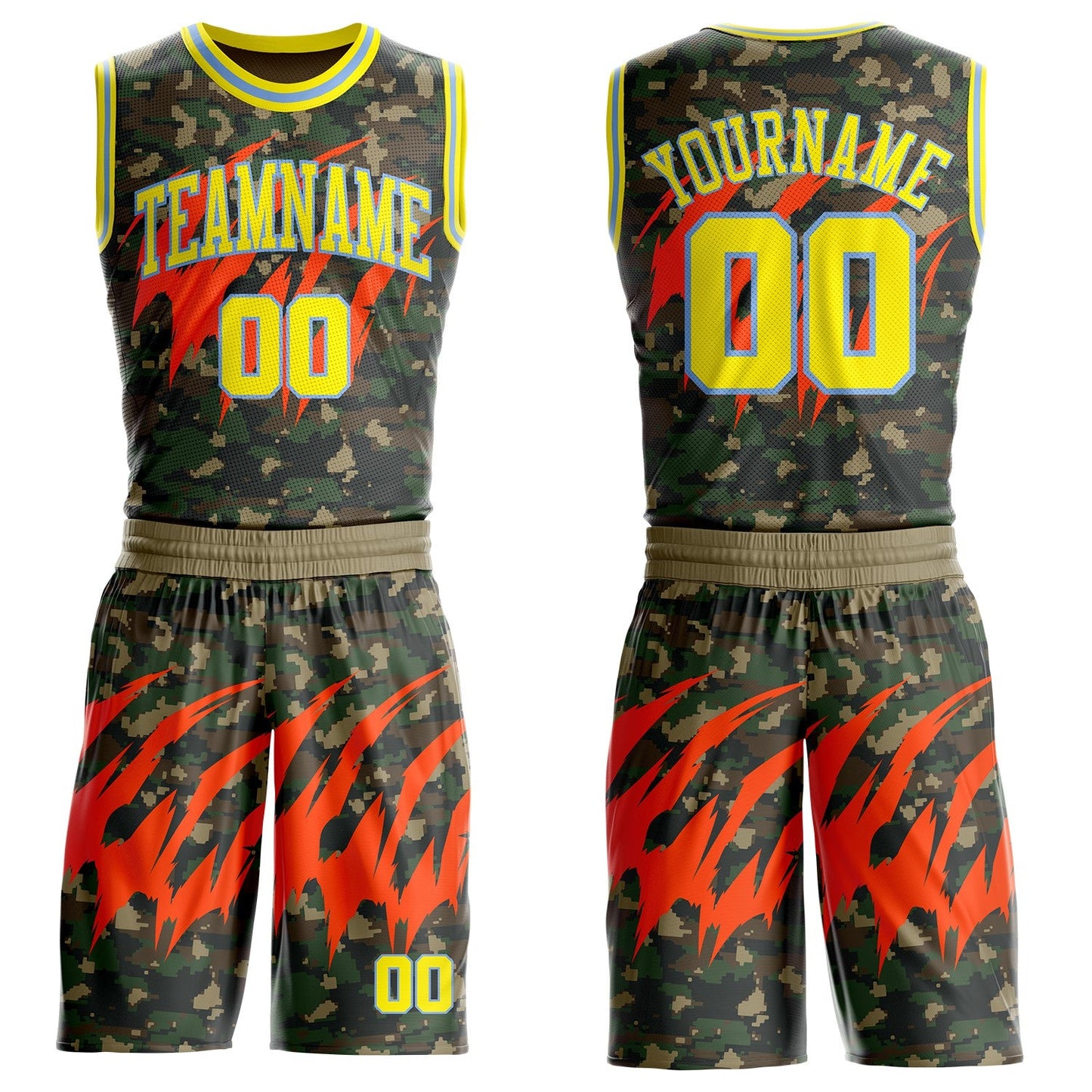 Custom Camo Light Yellow-Powder Blue Woodland Camouflage Claw Round Neck Sublimation Salute To Service Basketball Uniform Jersey