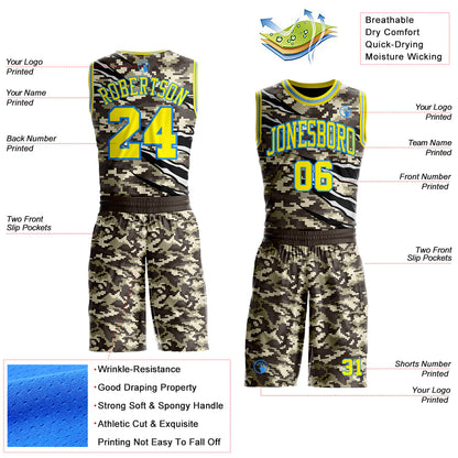 Custom Camo Light Yellow-Powder Blue Desert Camouflage Claw Round Neck Sublimation Salute To Service Basketball Uniform Jersey