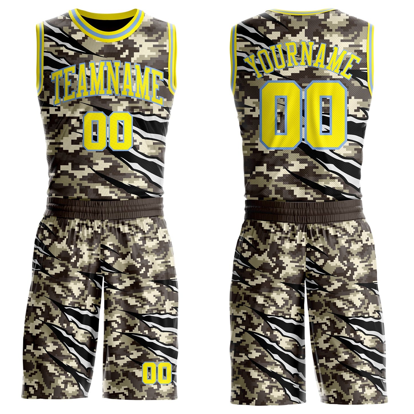 Custom Camo Light Yellow-Powder Blue Desert Camouflage Claw Round Neck Sublimation Salute To Service Basketball Uniform Jersey