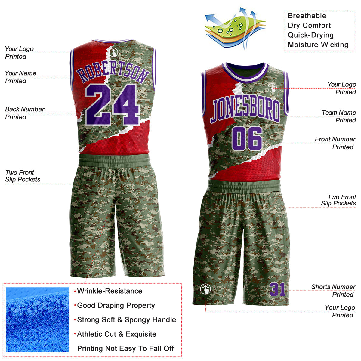 Custom Camo Purple-White Digital Camouflage Torn Paper Style Round Neck Sublimation Salute To Service Basketball Uniform Jersey