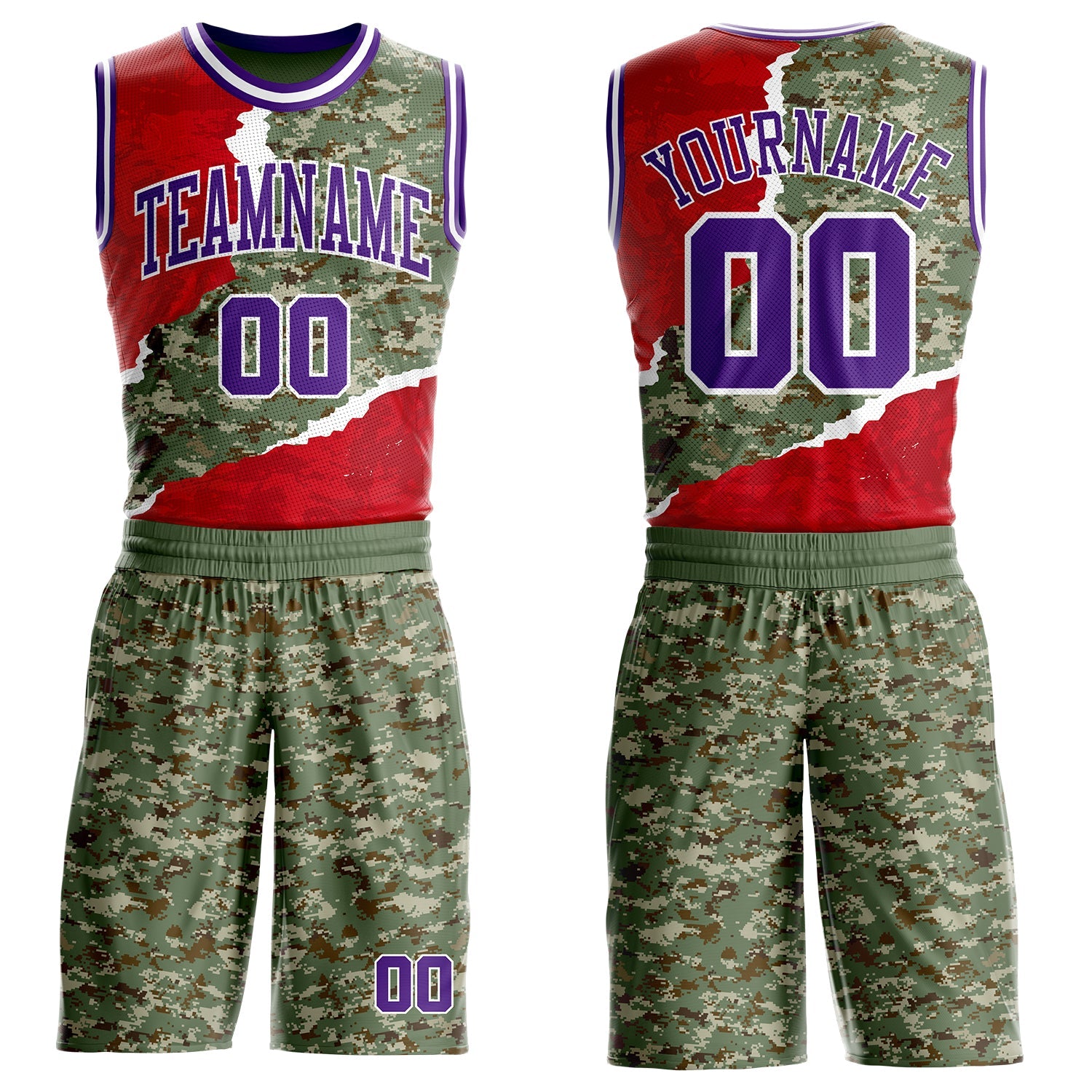 Custom Camo Purple-White Digital Camouflage Torn Paper Style Round Neck Sublimation Salute To Service Basketball Uniform Jersey