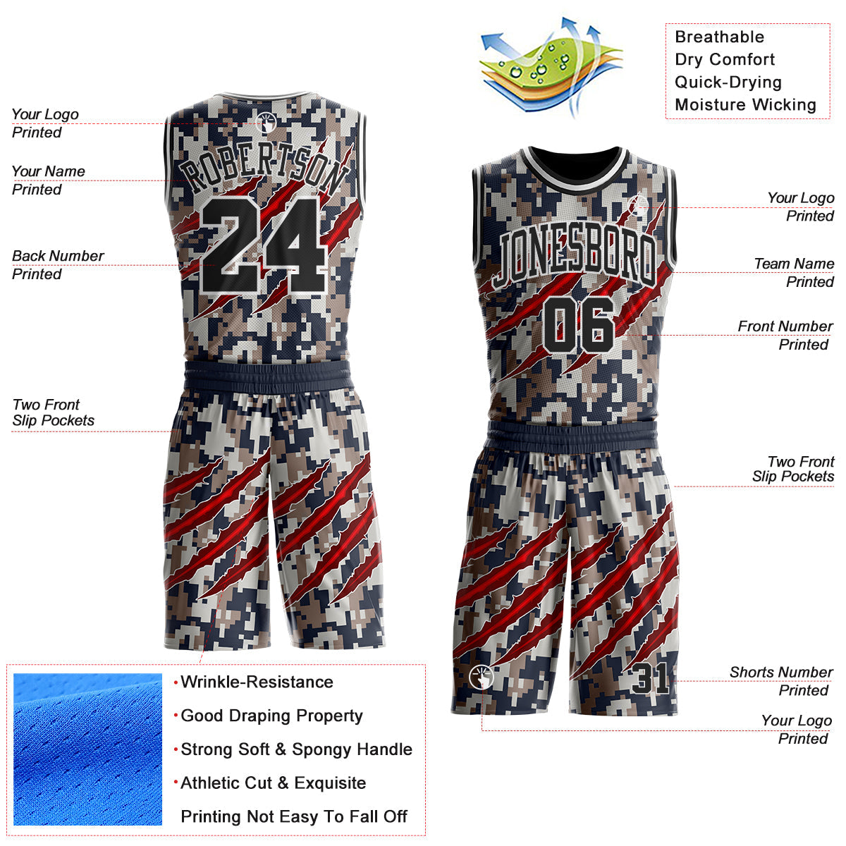 Custom Camo Black-White Digital Camouflage Claw Round Neck Sublimation Salute To Service Basketball Uniform Jersey