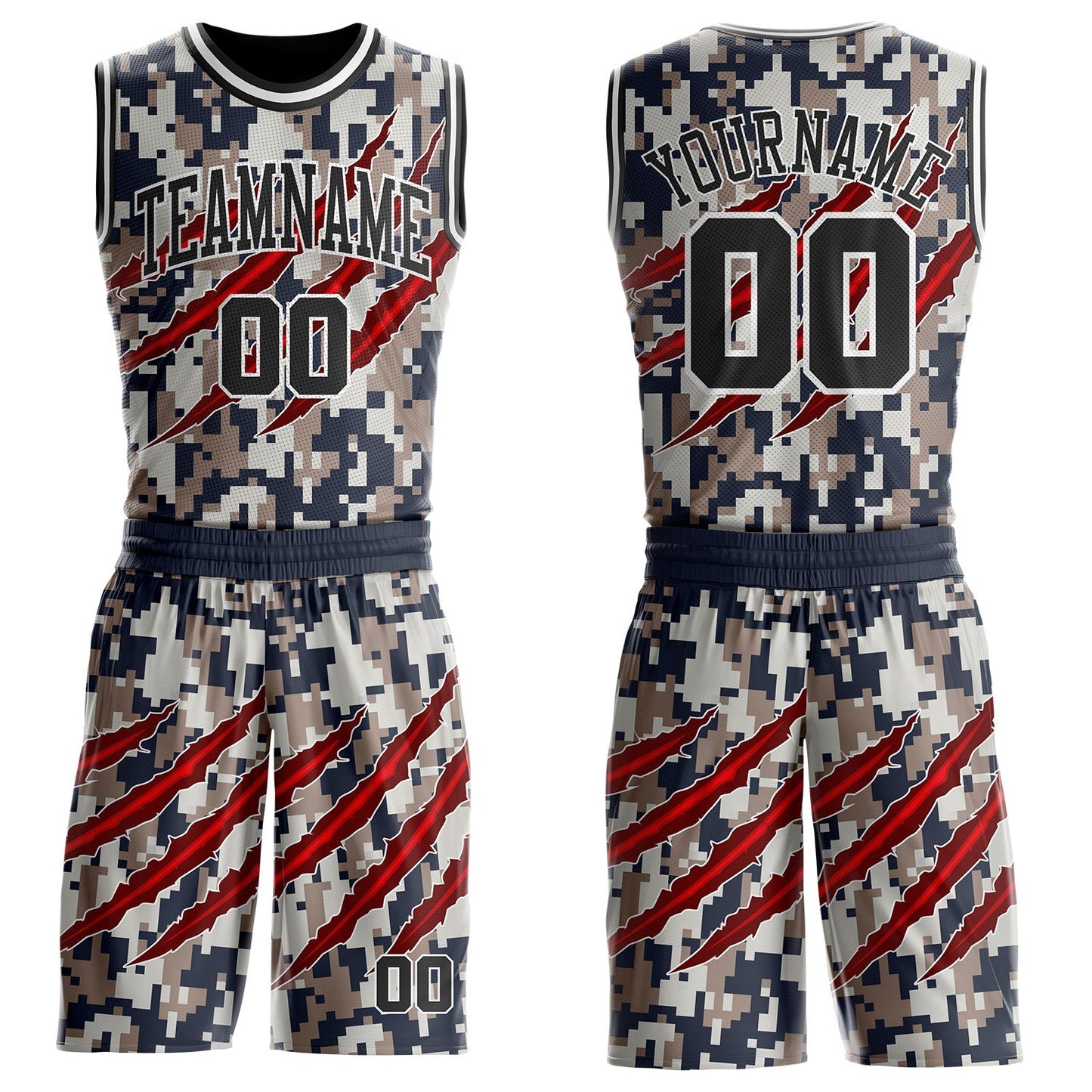 Custom Camo Black-White Digital Camouflage Claw Round Neck Sublimation Salute To Service Basketball Uniform Jersey