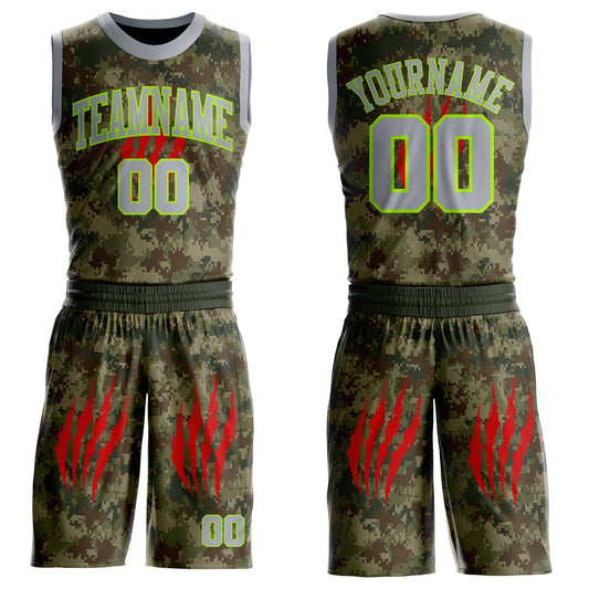 Custom Camo Gray-Neon Green Digital Camouflage Claw Round Neck Sublimation Salute To Service Basketball Uniform Jersey