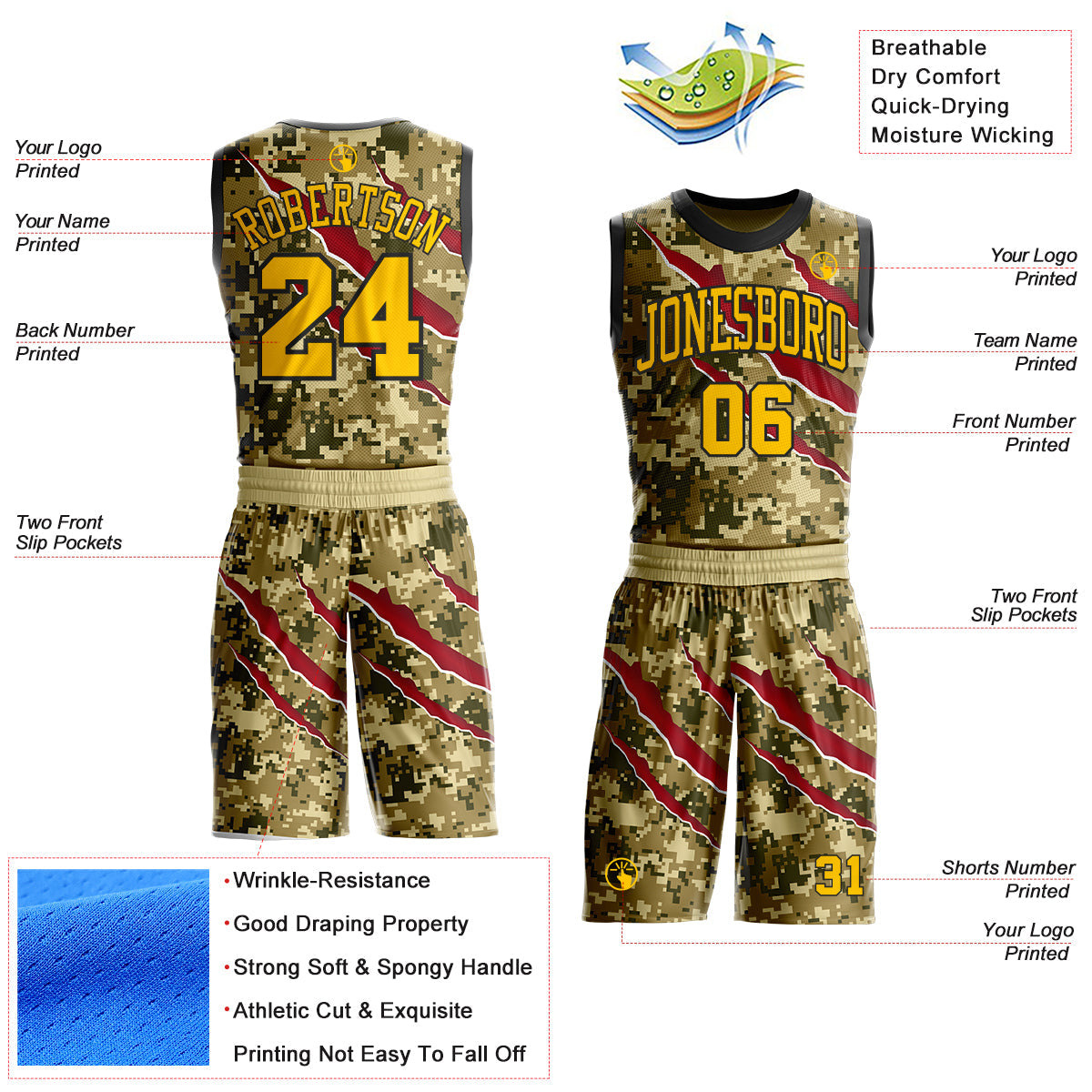 Custom Camo Yellow-Black Desert Camouflage Claw Round Neck Sublimation Salute To Service Basketball Uniform Jersey