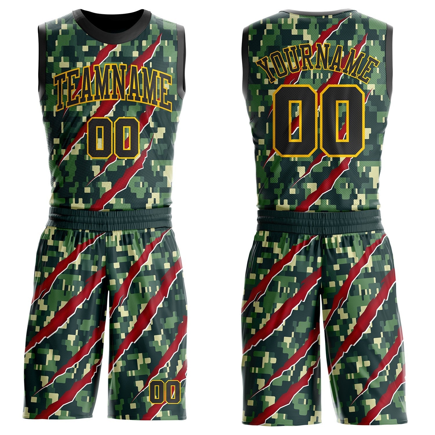 Custom Camo Black-Yellow Digital Camouflage Claw Round Neck Sublimation Salute To Service Basketball Uniform Jersey