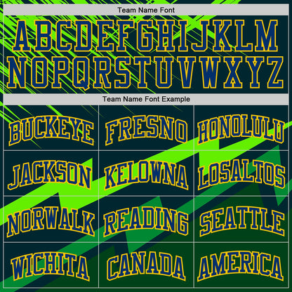 Custom Green US Navy Blue-Yellow Vibrant Lightning Stripe Round Neck Sublimation Basketball Uniform Jersey