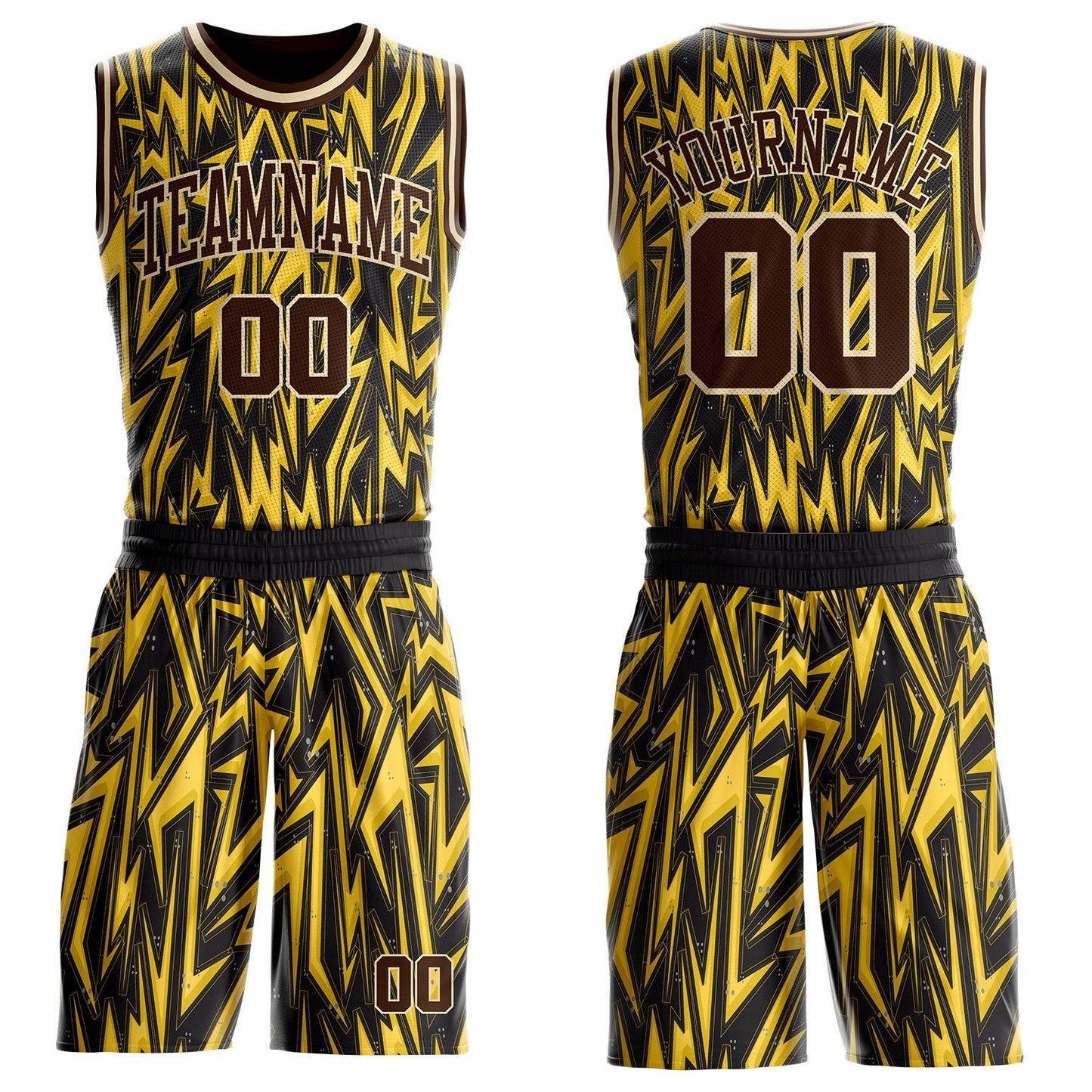 Custom Black Brown Yellow-Cream Edgy Lightning Round Neck Sublimation Basketball Uniform Jersey