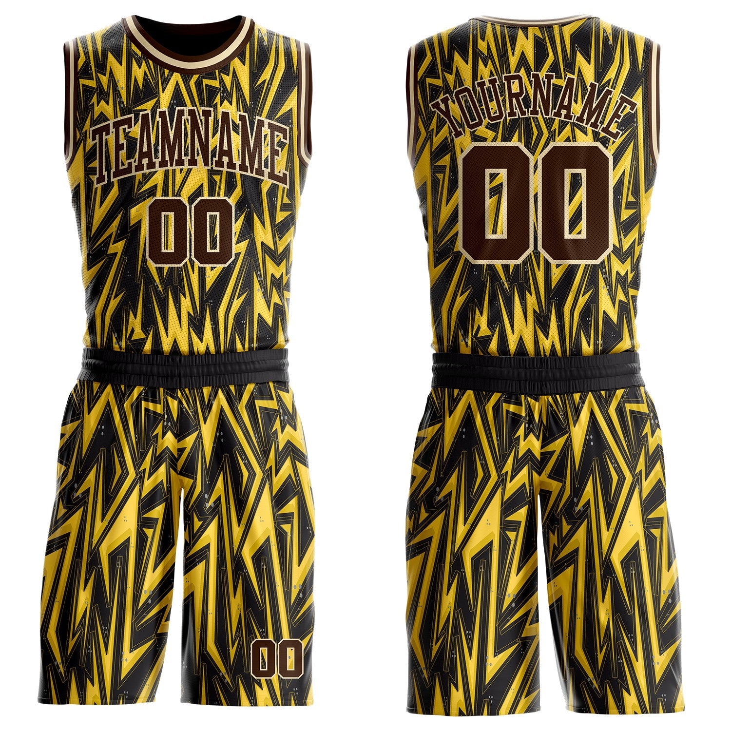 Custom Black Brown Yellow-Cream Edgy Lightning Round Neck Sublimation Basketball Uniform Jersey