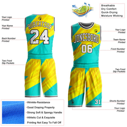 Custom Ice Blue White Yellow-Black Lightning Diagonal Brush Round Neck Sublimation Basketball Uniform Jersey