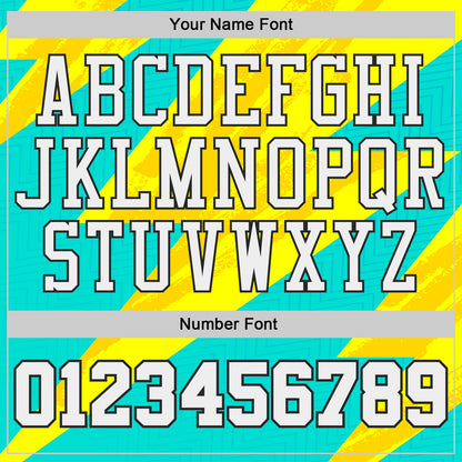 Custom Ice Blue White Yellow-Black Lightning Diagonal Brush Round Neck Sublimation Basketball Uniform Jersey