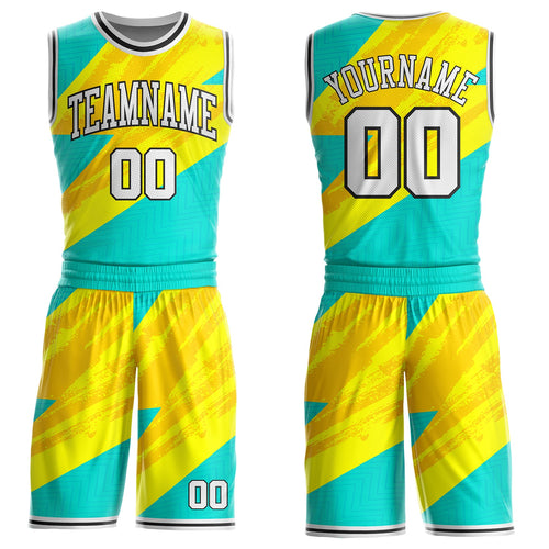 Custom Ice Blue White Yellow-Black Lightning Diagonal Brush Round Neck Sublimation Basketball Uniform Jersey