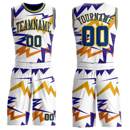 Custom White US Navy Blue-Yellow Retro Lightning Round Neck Sublimation Basketball Uniform Jersey