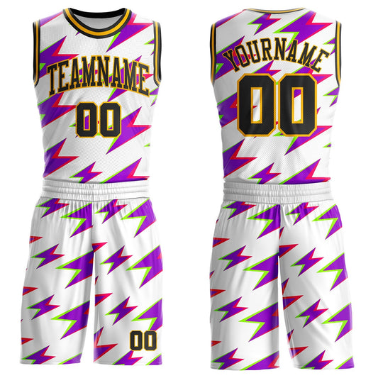 Custom White Black Purple-Gold Retro Lightning Round Neck Sublimation Basketball Uniform Jersey