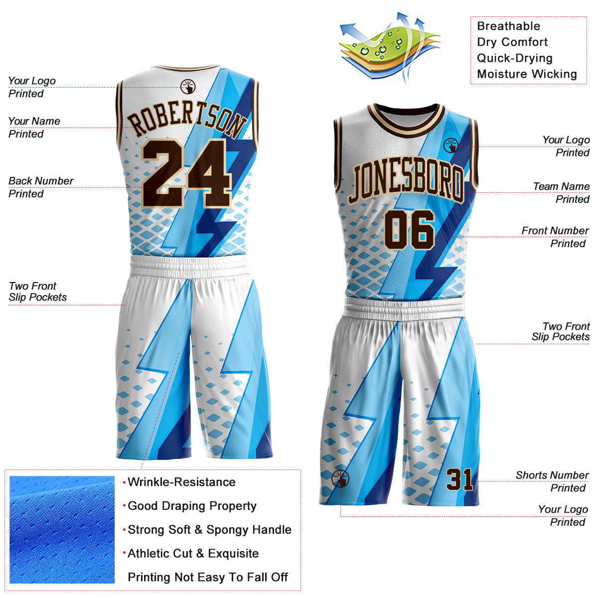 Custom White Brown Blue-Cream Vibrant Lightning Stripe Round Neck Sublimation Basketball Uniform Jersey
