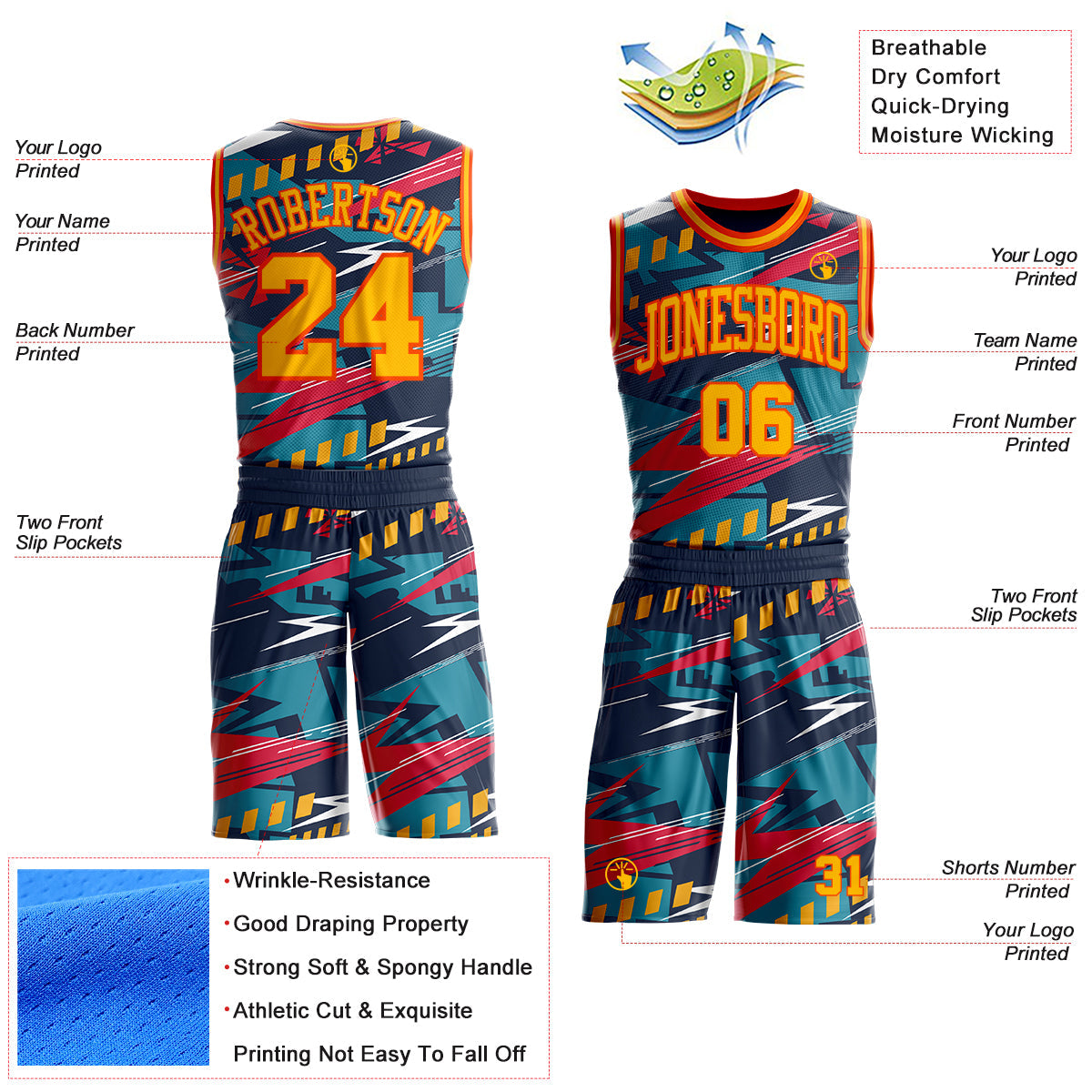 Custom Blue Gold-Orange Abstract Lightning Round Neck Sublimation Basketball Uniform Jersey