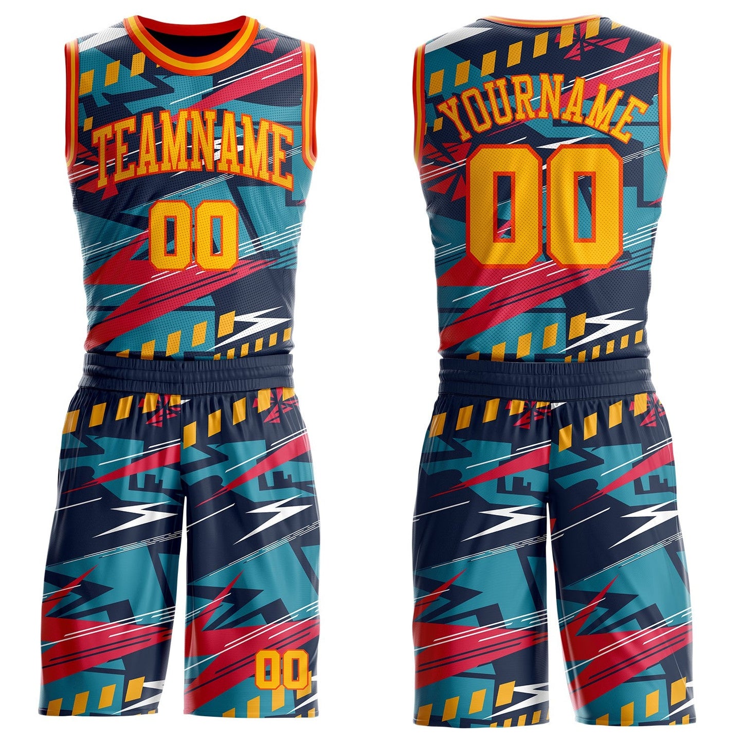 Custom Blue Gold-Orange Abstract Lightning Round Neck Sublimation Basketball Uniform Jersey