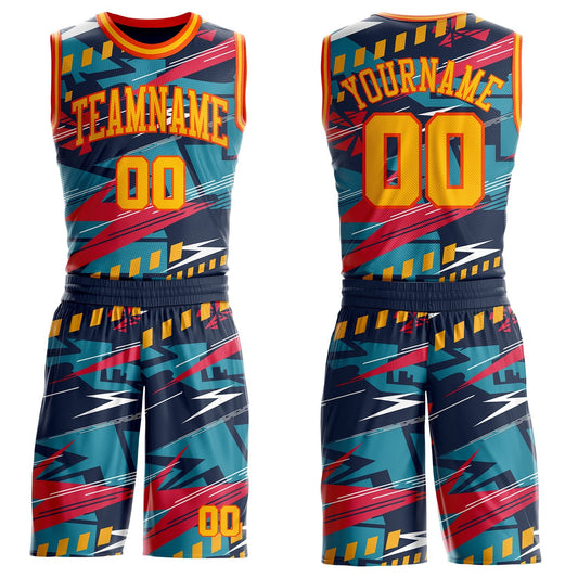 Custom Blue Gold-Orange Abstract Lightning Round Neck Sublimation Basketball Uniform Jersey