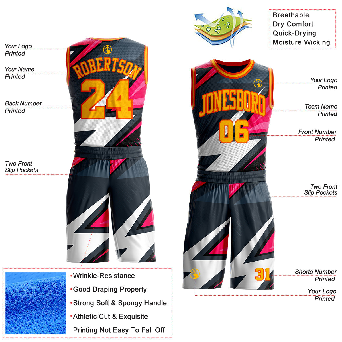 Custom Black Gold Pink-Orange Vibrant Lightning Stripe Round Neck Sublimation Basketball Uniform Jersey