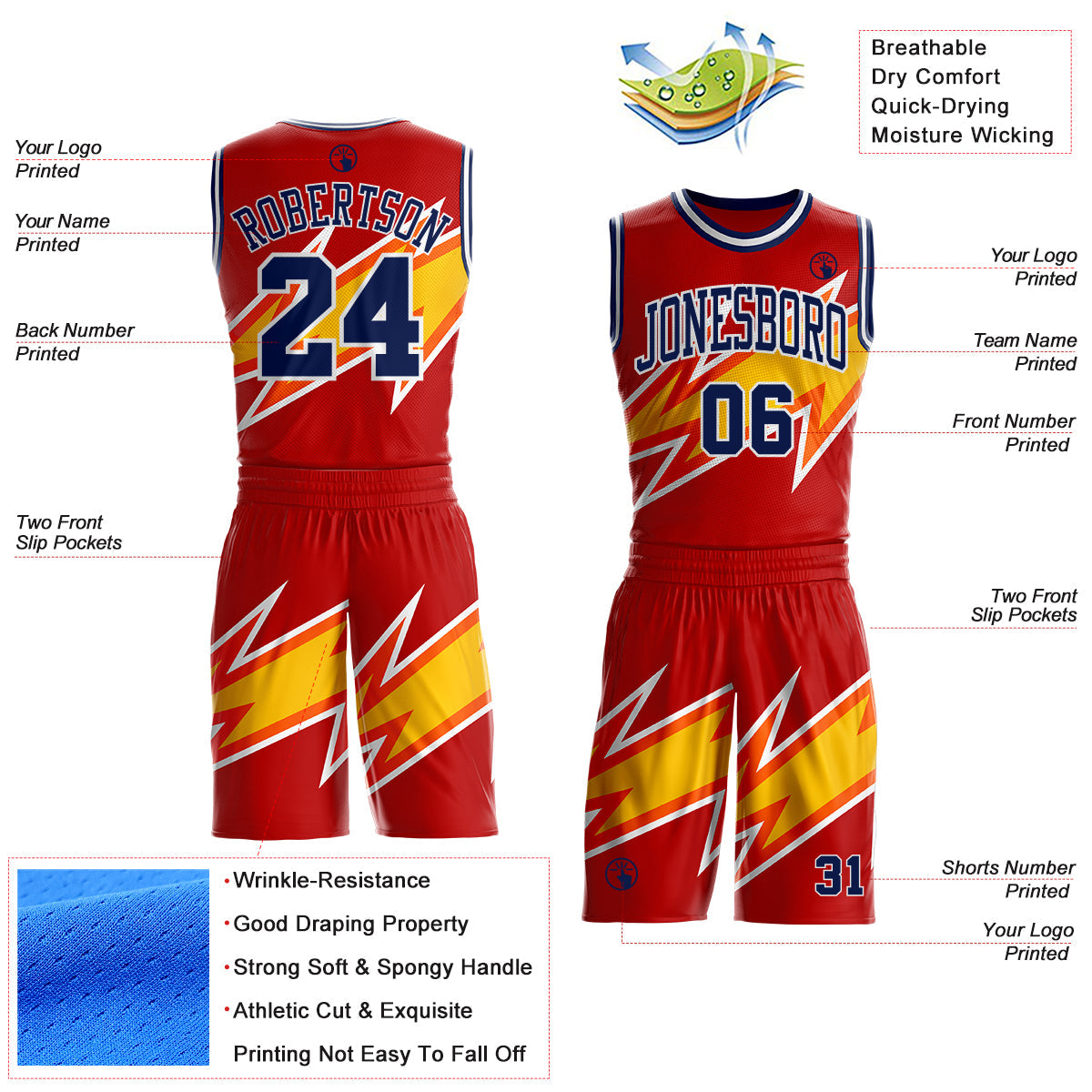 Custom Red Navy Yellow-White Vibrant Lightning Stripe Round Neck Sublimation Basketball Uniform Jersey