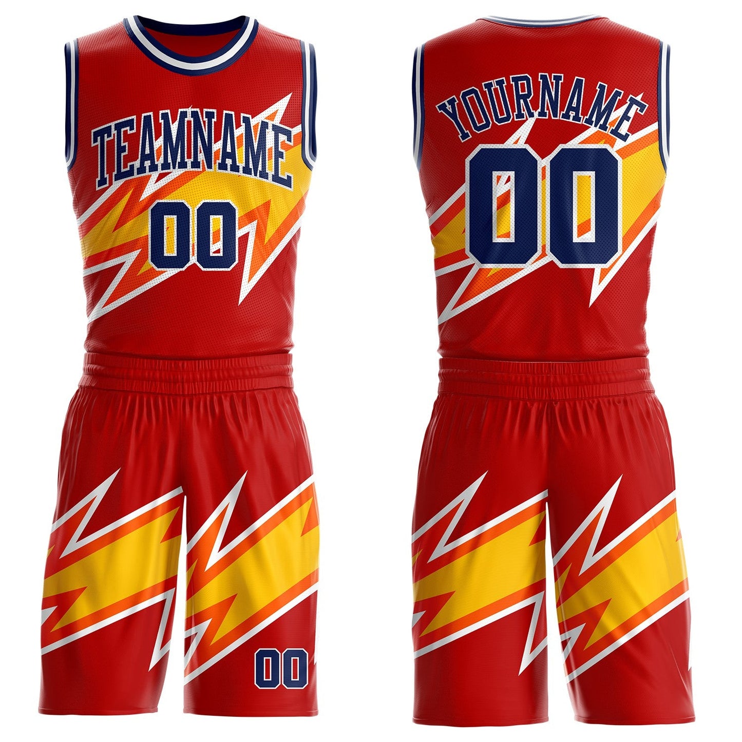 Custom Red Navy Yellow-White Vibrant Lightning Stripe Round Neck Sublimation Basketball Uniform Jersey
