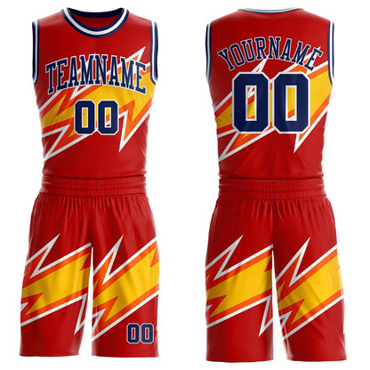 Custom Red Navy Yellow-White Vibrant Lightning Stripe Round Neck Sublimation Basketball Uniform Jersey