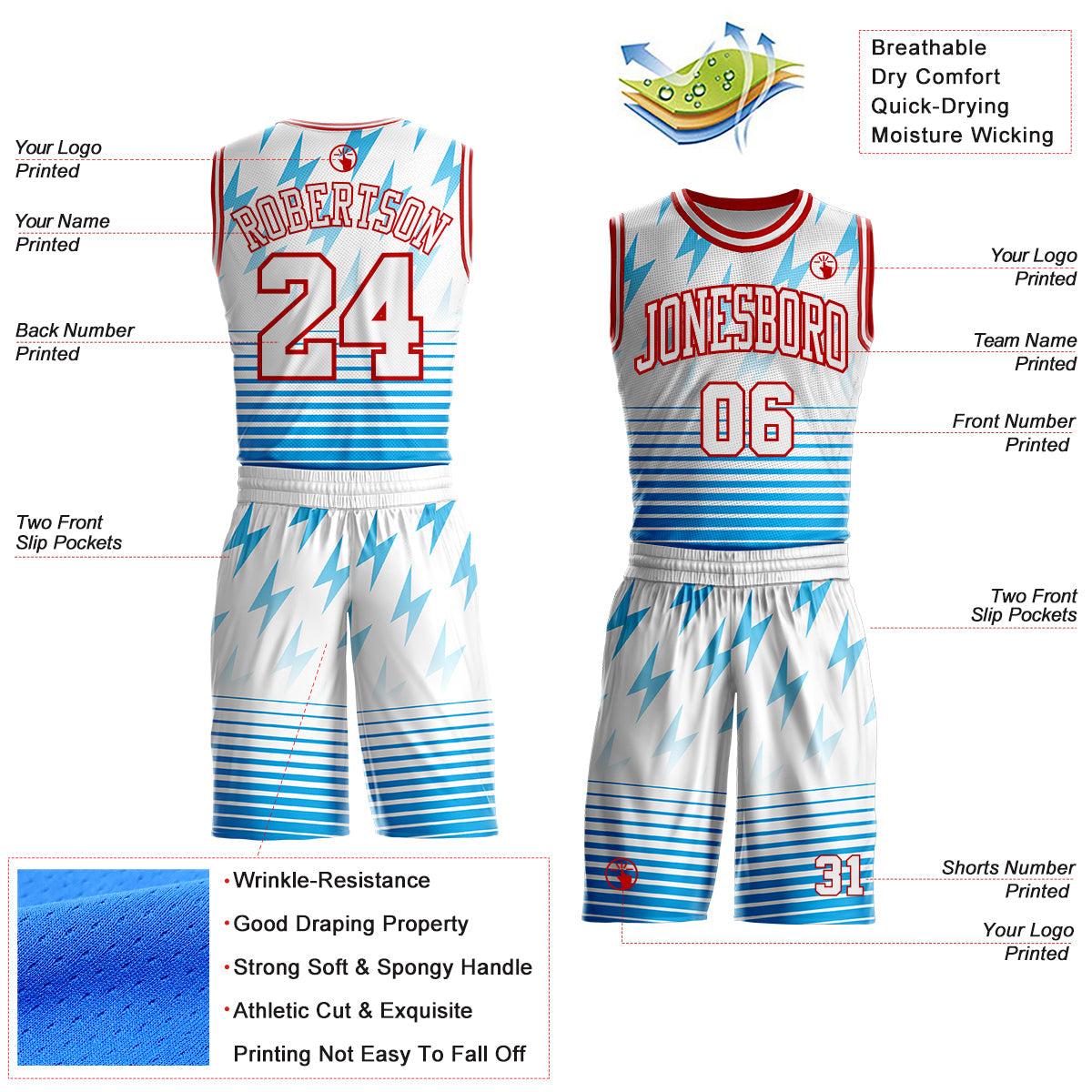 Custom White Blue-Red Lightning Stripe Round Neck Sublimation Basketball Uniform Jersey