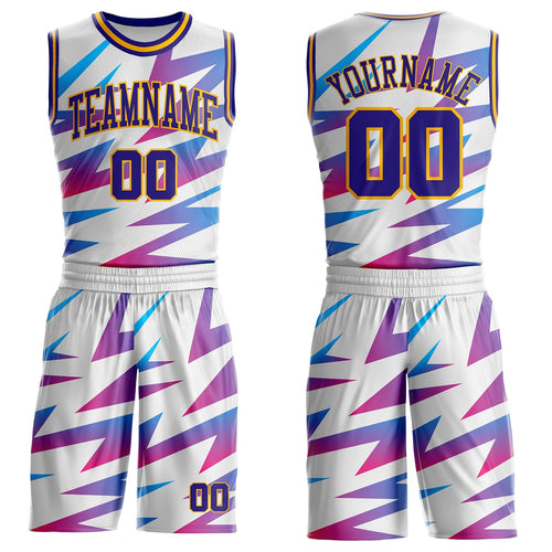 Custom White Dark Purple-Gold Abstract Lightning Round Neck Sublimation Basketball Uniform Jersey