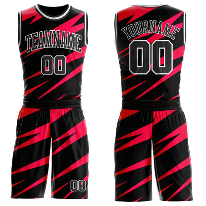 Custom Black Red-White Vibrant Lightning Stripe Round Neck Sublimation Basketball Uniform Jersey