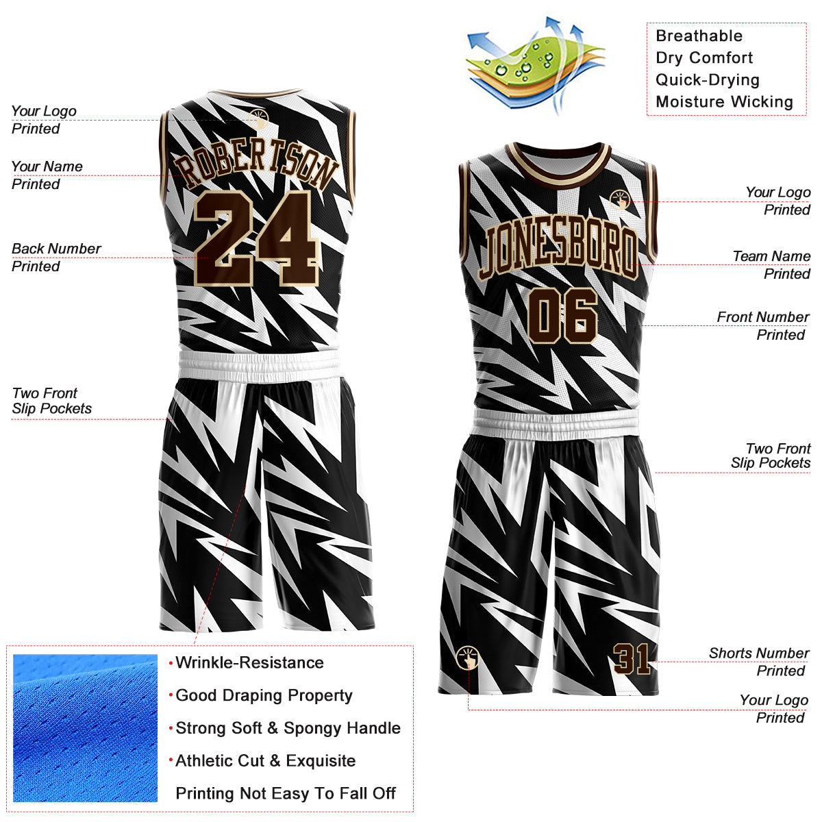 Custom White Brown Black-Cream Vibrant Lightning Stripe Round Neck Sublimation Basketball Uniform Jersey