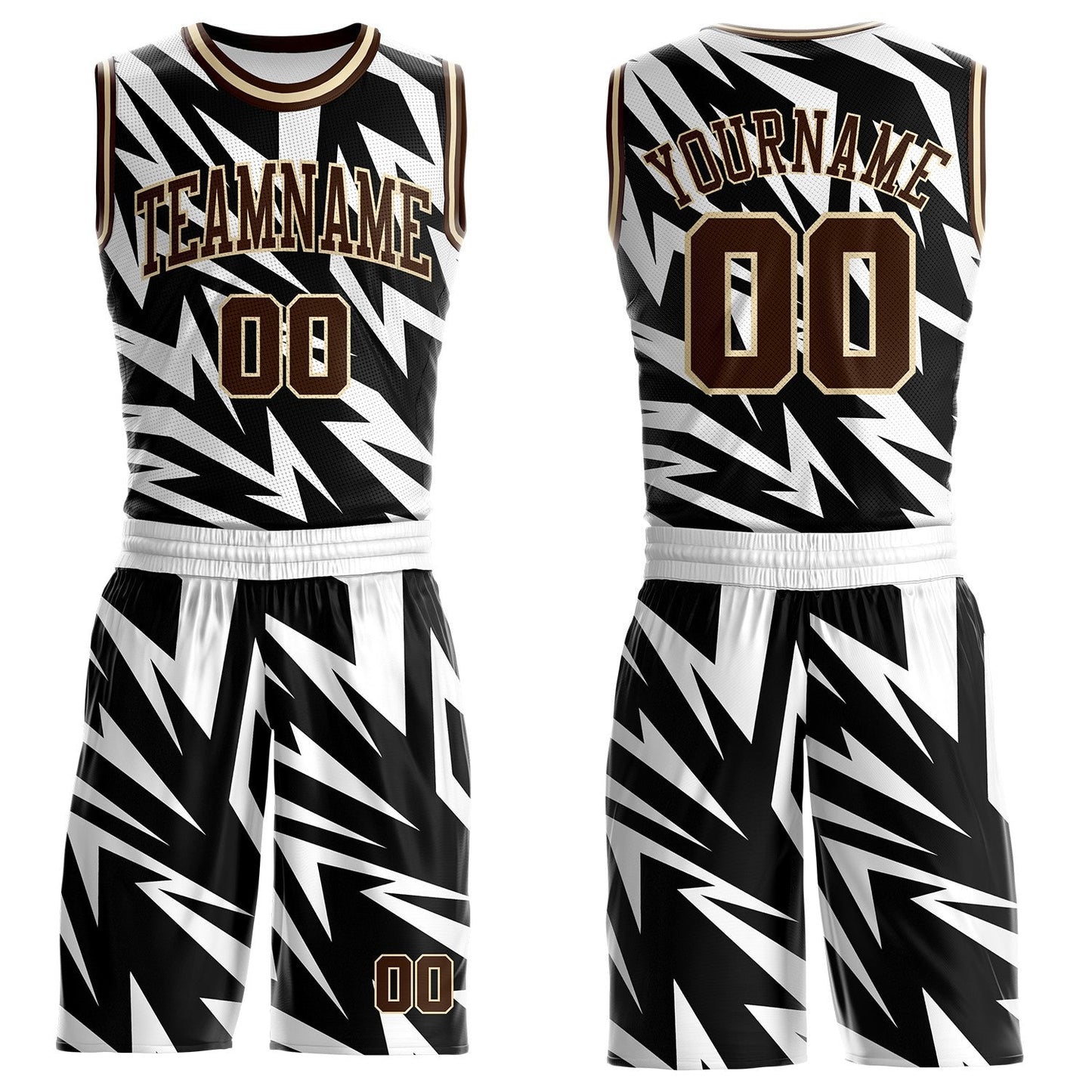 Custom White Brown Black-Cream Vibrant Lightning Stripe Round Neck Sublimation Basketball Uniform Jersey