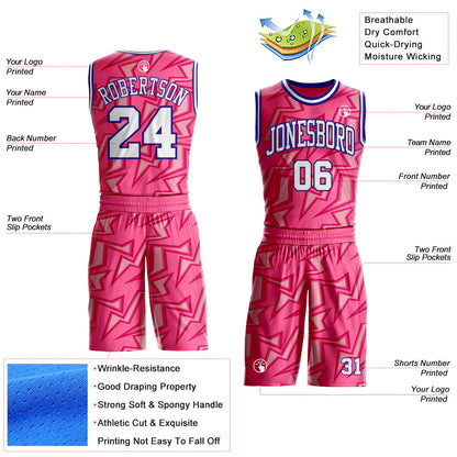 Custom Pink White-Dark Purple Abstract Lightning Round Neck Sublimation Basketball Uniform Jersey