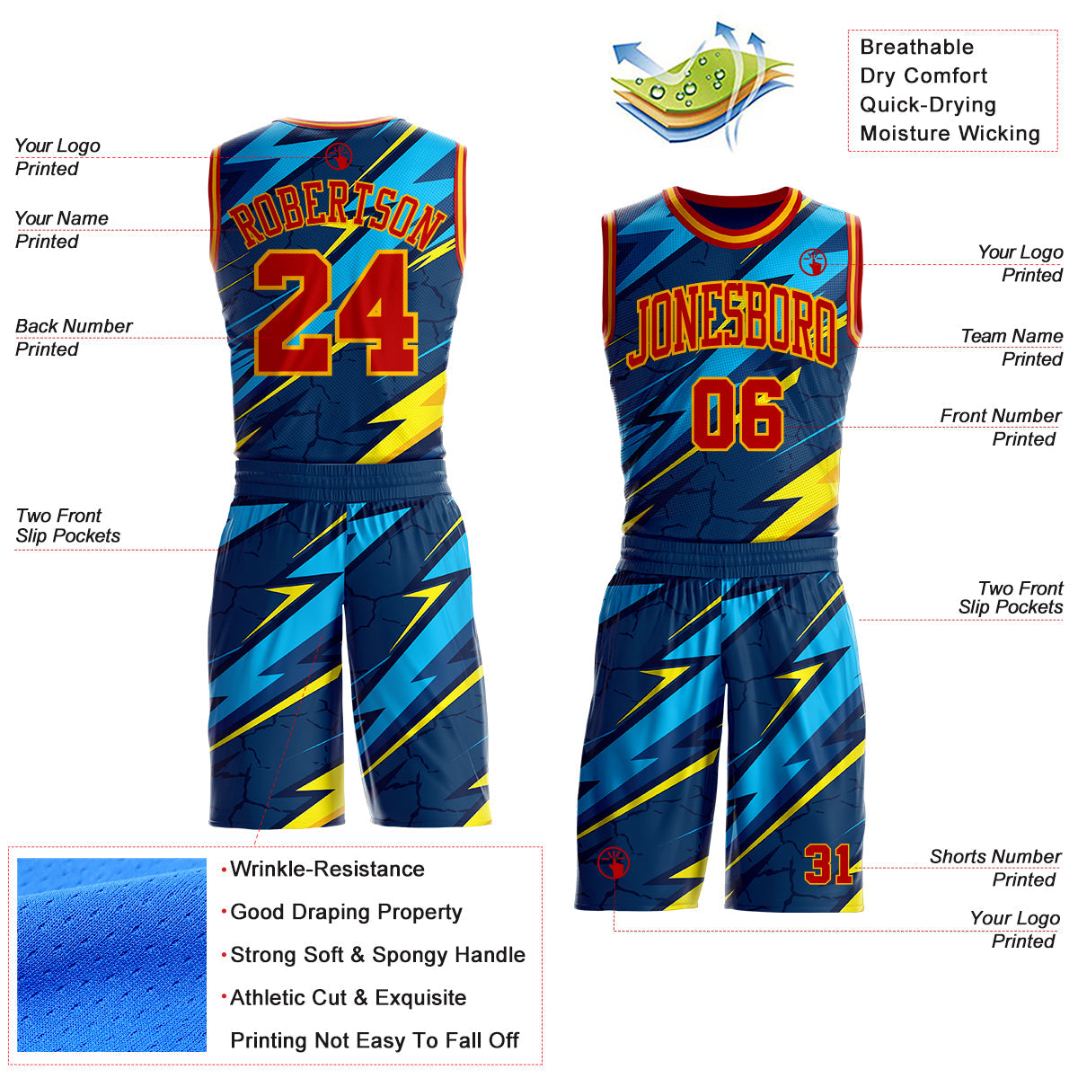 Custom Blue Red-Gold Abstract Lightning Round Neck Sublimation Basketball Uniform Jersey