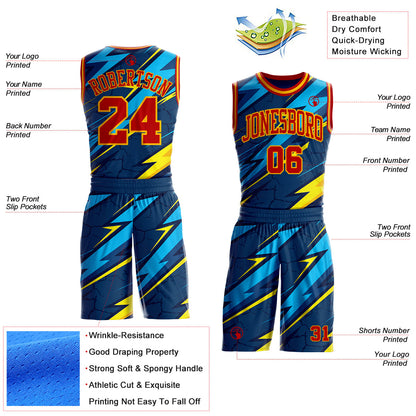 Custom Blue Red-Gold Abstract Lightning Round Neck Sublimation Basketball Uniform Jersey