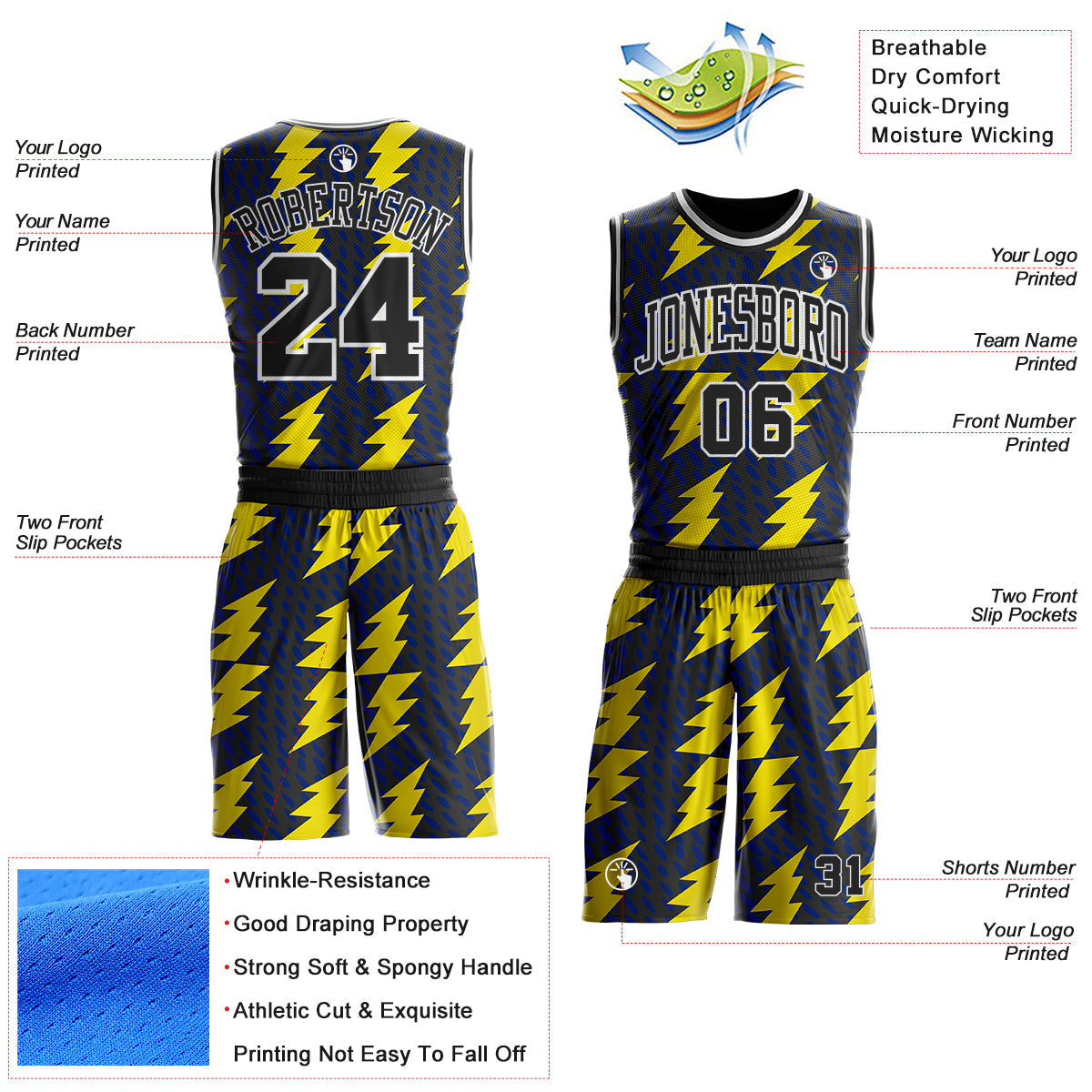 Custom Black Yellow-White Abstract Lightning Round Neck Sublimation Basketball Uniform Jersey