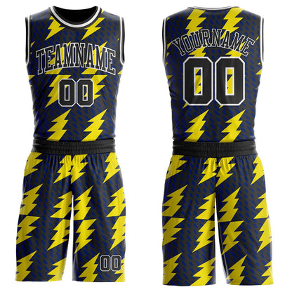 Custom Black Yellow-White Abstract Lightning Round Neck Sublimation Basketball Uniform Jersey