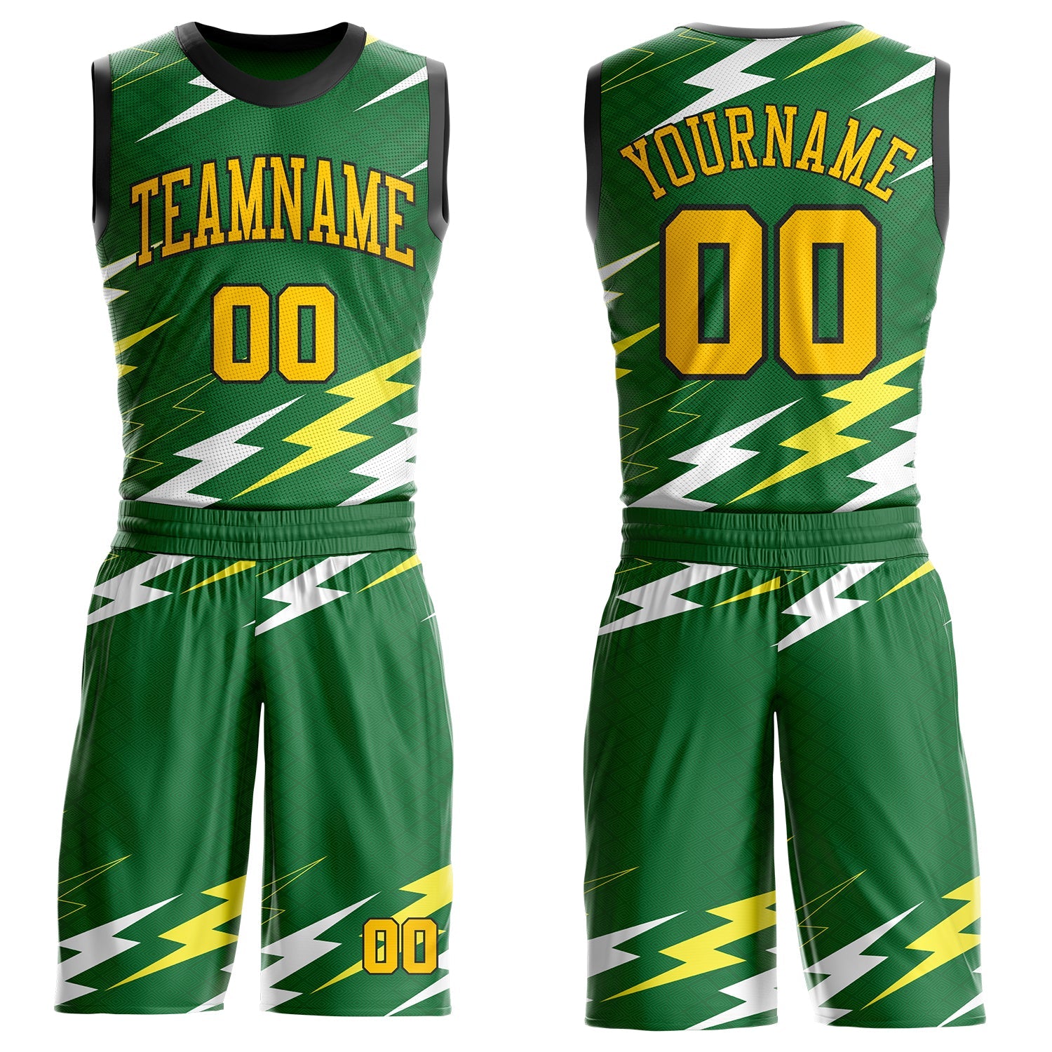 Custom Green Yellow-Black Abstract Lightning Round Neck Sublimation Basketball Uniform Jersey
