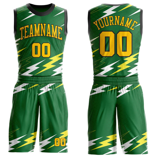 Custom Green Yellow-Black Abstract Lightning Round Neck Sublimation Basketball Uniform Jersey