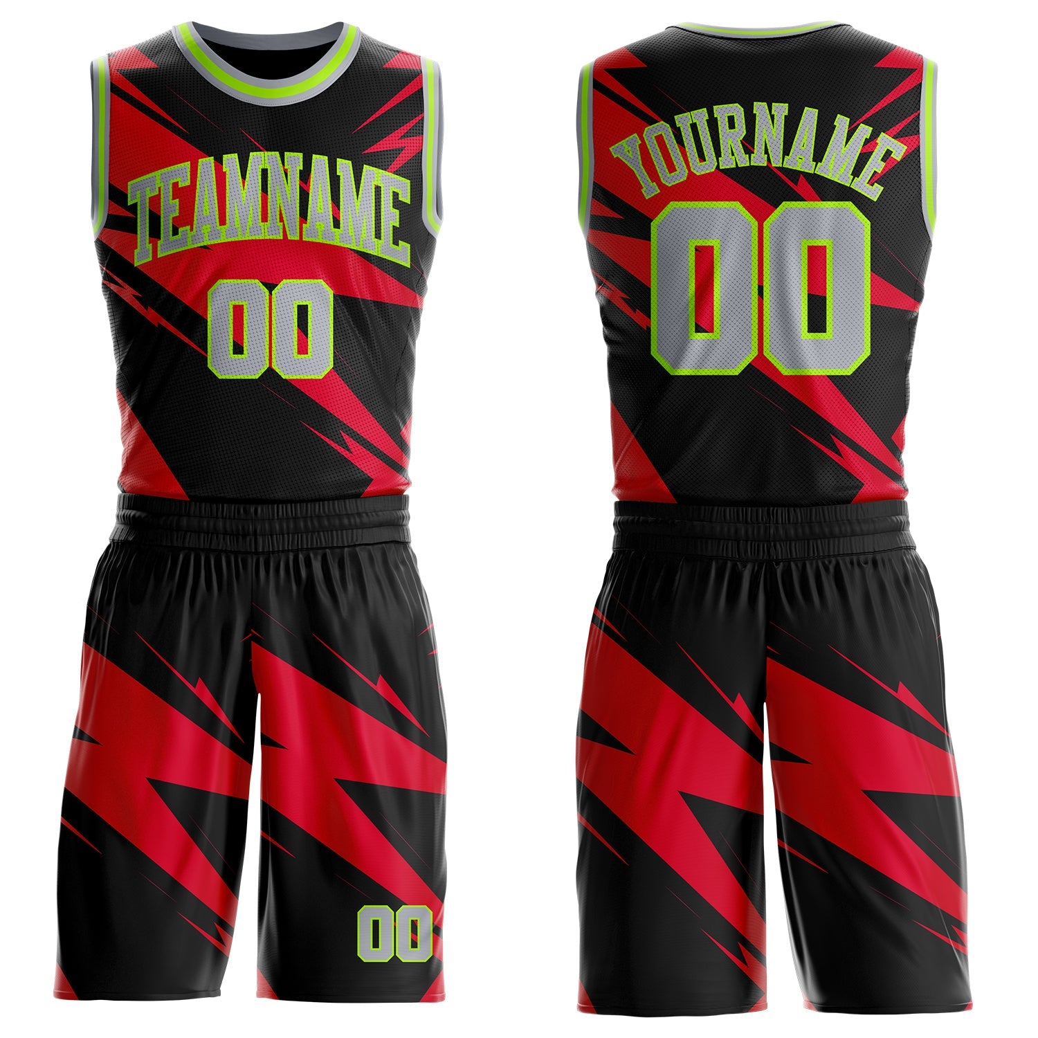 Custom Black Gray Red-Neon Green Abstract Lightning Round Neck Sublimation Basketball Uniform Jersey