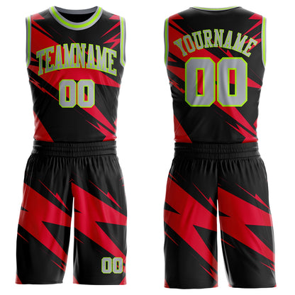 Custom Black Gray Red-Neon Green Abstract Lightning Round Neck Sublimation Basketball Uniform Jersey