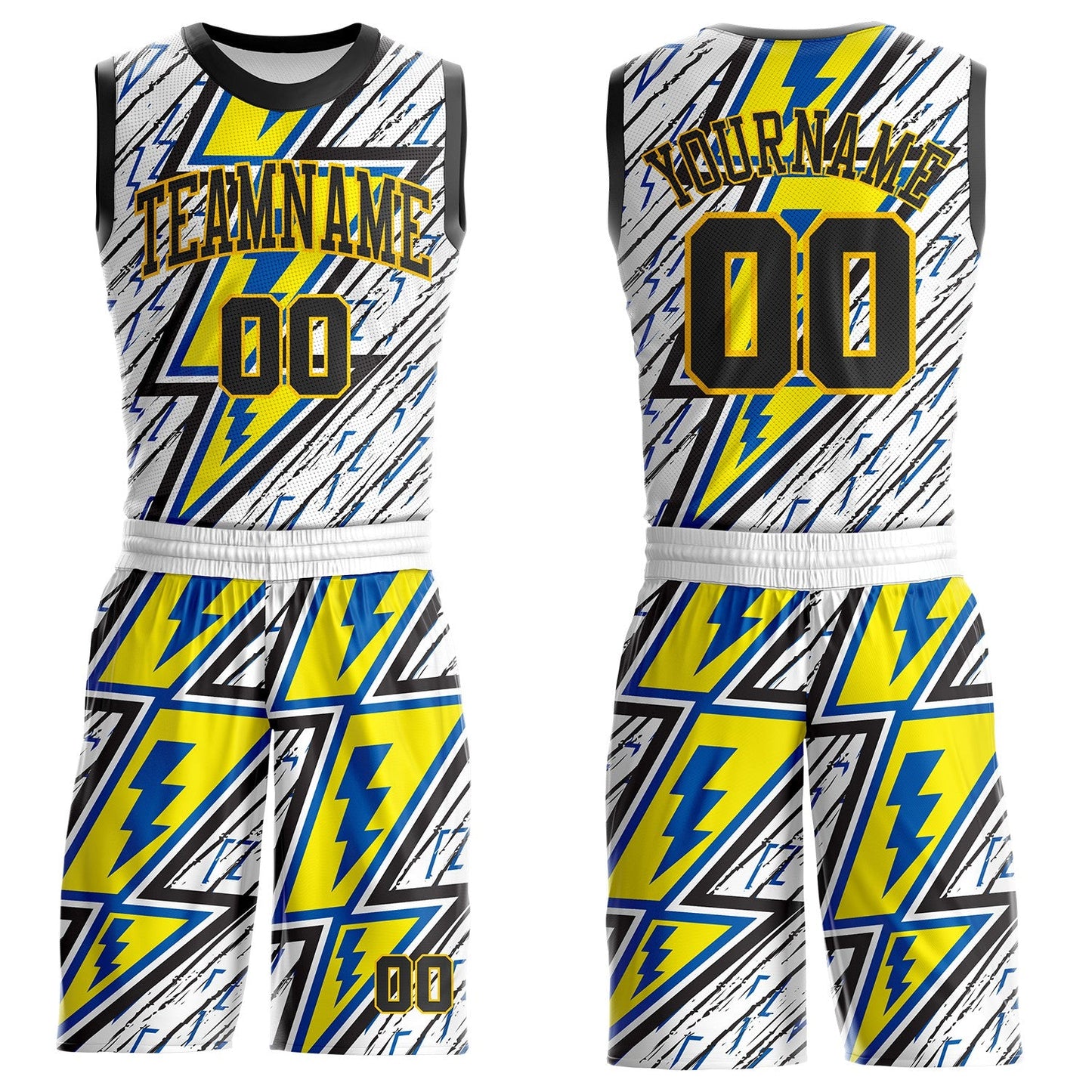 Custom White Black Blue-Yellow Geometric Lightning Round Neck Sublimation Basketball Uniform Jersey