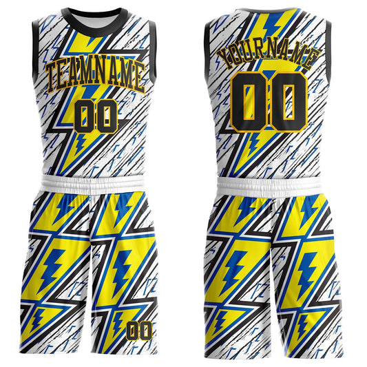 Custom White Black Blue-Yellow Geometric Lightning Round Neck Sublimation Basketball Uniform Jersey