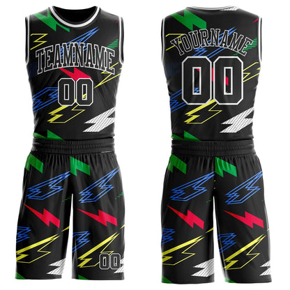 Custom Black Green Blue Red-White Geometric Lightning Round Neck Sublimation Basketball Uniform Jersey